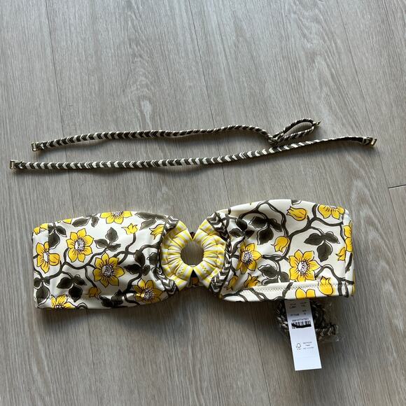J Crew O Ring Bandeau Bikini Top In Daffodil Daze Block Print Small Yellow - Picture 1 of 13